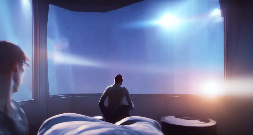 Prompt: moody sci-fi bedroom high up in the stratosphere with a man looking out his window at the world below, lens flare, atmosphere, glow, unreal engine 5, full of color, trending on artstation, ultra high detail, ultra realistic, cinematic, focused, 8k