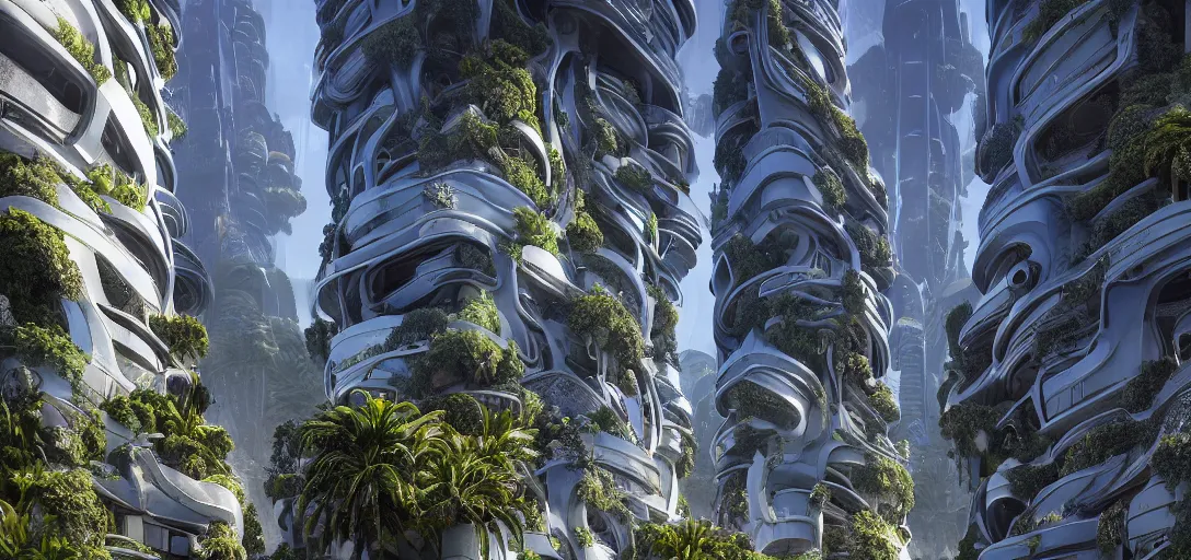 Prompt: highly detailed futuristic vertical architecture by Félix Candela, reflective lighting, stylized vegetation, ground-level view, puddles of turquoise water, foggy atmosphere, stunning sunny lighting, sunrise, vivid colors, in the style of pixar animation, trending on Artstation, 8k, matte painting, ray tracing, hyper detailed, unreal engine 5, cinematic, epic lighting, cryengine, octane render, cyberpunk, red and orange glow, vibrant