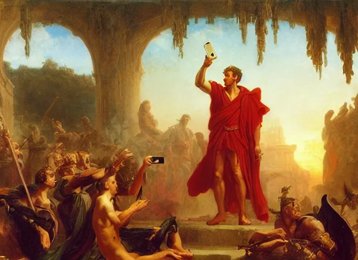 Image similar to julius caesar taking a selfie with an iphone as rome burns behind him by thomas cole and albert bierstadt and vladimir volegov and alexander averin and pierre auguste cot and delphin enjolras