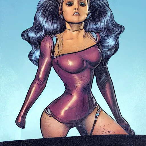 Prompt: precisely drawn illustration of Nynaeve al'Meara blended with Ariana Grande, wide angle, sharp, fine details, French comic style, vibrant realistic colors, full color, heroic fantasy, intense line art, 8k, precise linework, realistic, in the style of Heavy Metal Comics and Richard Corben and Moebius