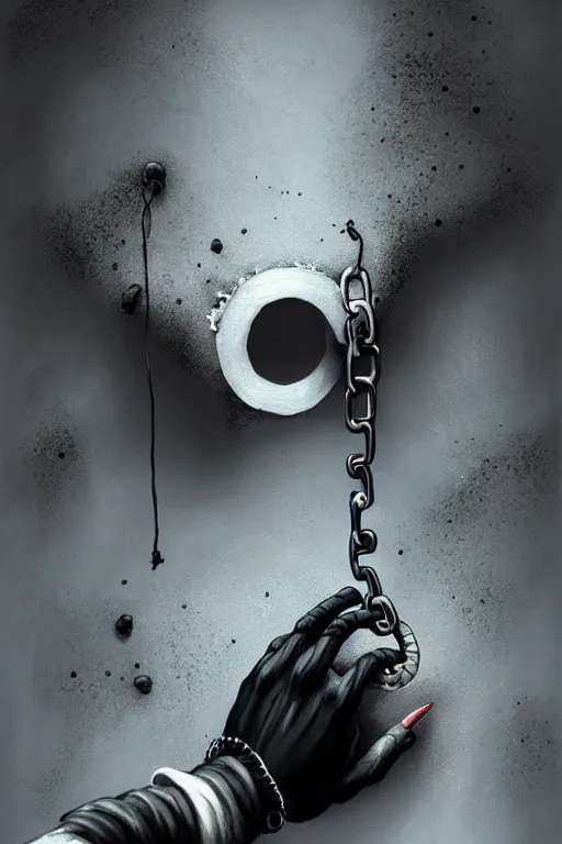 Image similar to black hole on the white concrete wall, lot's of different colour hands coming from the hole. he is chained to the console, gloomy, intricate, elegant, highly detailed, digital painting, artstation, concept art, addiction, chains, smooth, sharp focus, illustration, art by ilja repin