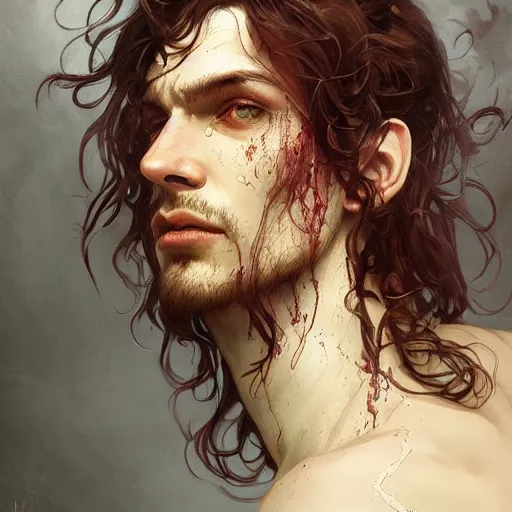 Image similar to young man with long curly brown hair and blood dripping down his face , face, detailed, intricate, elegant, highly detailed, digital painting, artstation, concept art, smooth, sharp focus, illustration, art by Krenz Cushart and Artem Demura and alphonse mucha