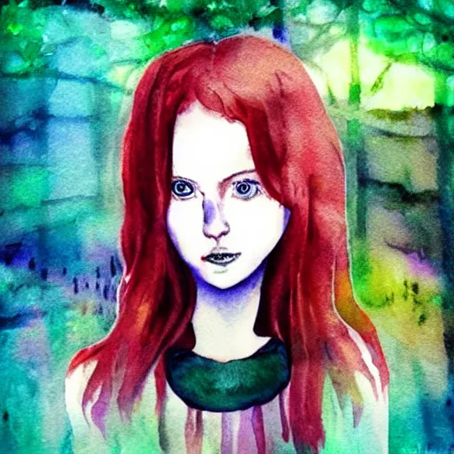 Prompt: “album cover redhead girl in a magic forest painted with watercolor in cyberpunk style”