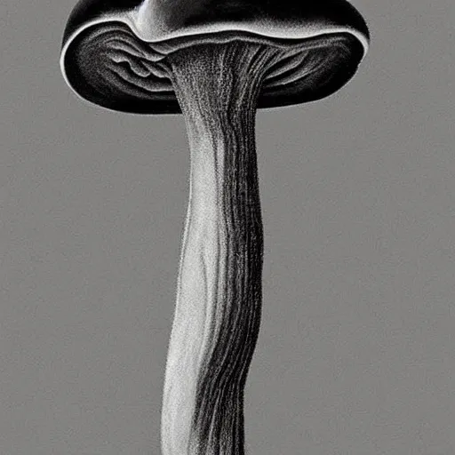 Prompt: mid-shot beautiful roud mushroom cap, luminous lamellae are clearly visible, no stipe, Giger, black background, hyper realism, epic composition