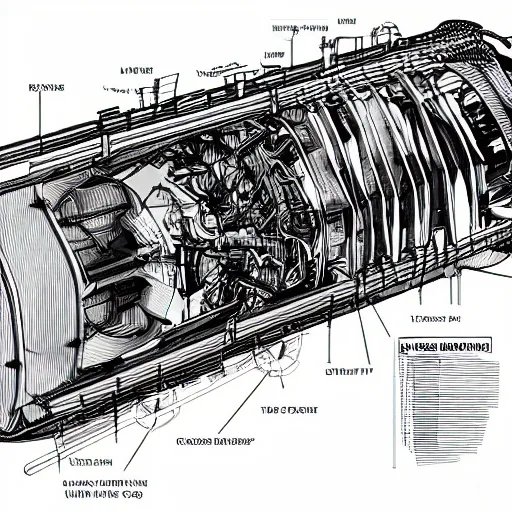 Prompt: cutaway diagram of a ship line drawing labelled engine parts harpoon tesla coil