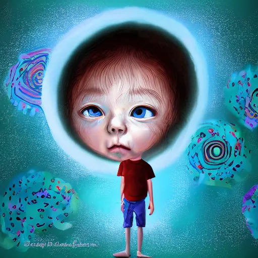 Prompt: a wide eyed child lost and small in the center of an ai's enormous dream, digital art