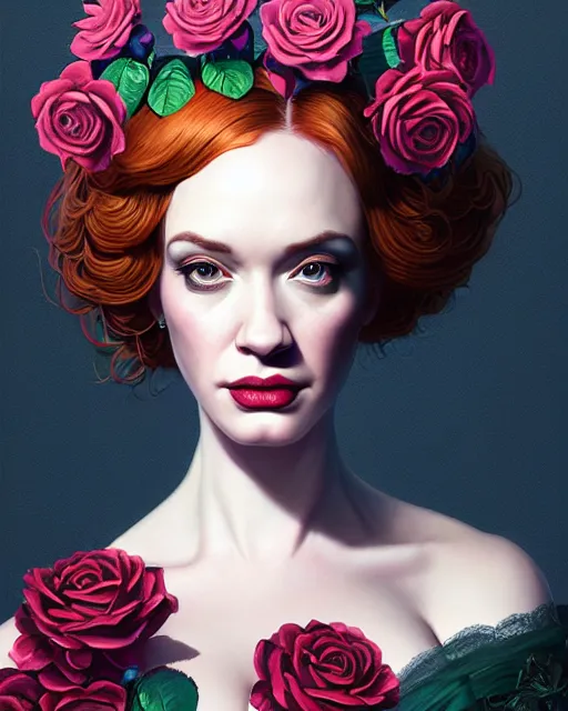 Image similar to portrait of christina hendricks with roses, baroque, roses, intricate abstract upper body intricate artwork, by tooth wu, wlop, beeple, dan mumford. concept art, octane render, deviantart, greg rutkowski, cinematic arthouse, key art, hyper realism, iridescent accents