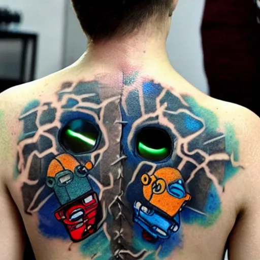 Image similar to backside on the shoulders is a tattoo of a 3 d hole in the skin with multicolored 3 d robotic mechanics and glowing computerparts inside under the skin, insanely integrate,