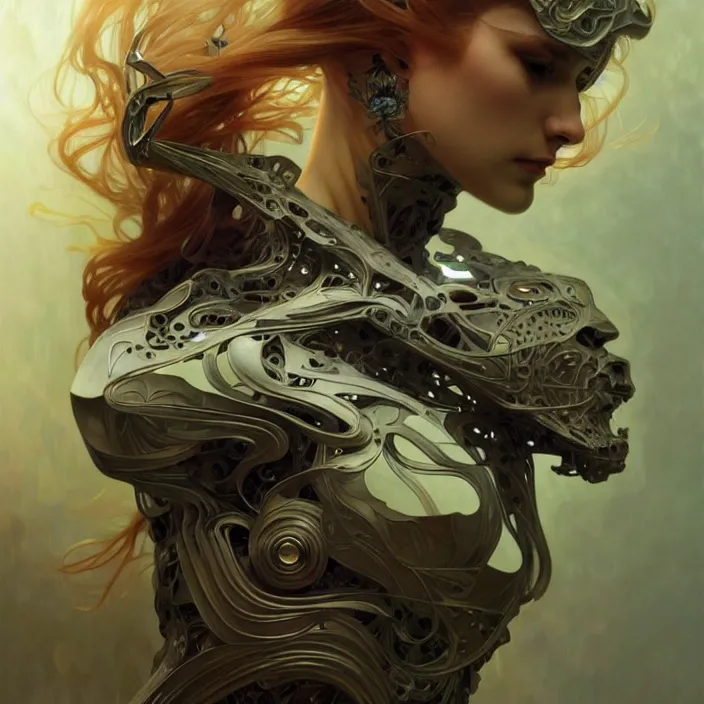 Image similar to organic cyborg, wolf, diffuse lighting, fantasy, intricate, elegant, highly detailed, lifelike, photorealistic, digital painting, artstation, illustration, concept art, smooth, sharp focus, art by John Collier and Albert Aublet and Krenz Cushart and Artem Demura and Alphonse Mucha