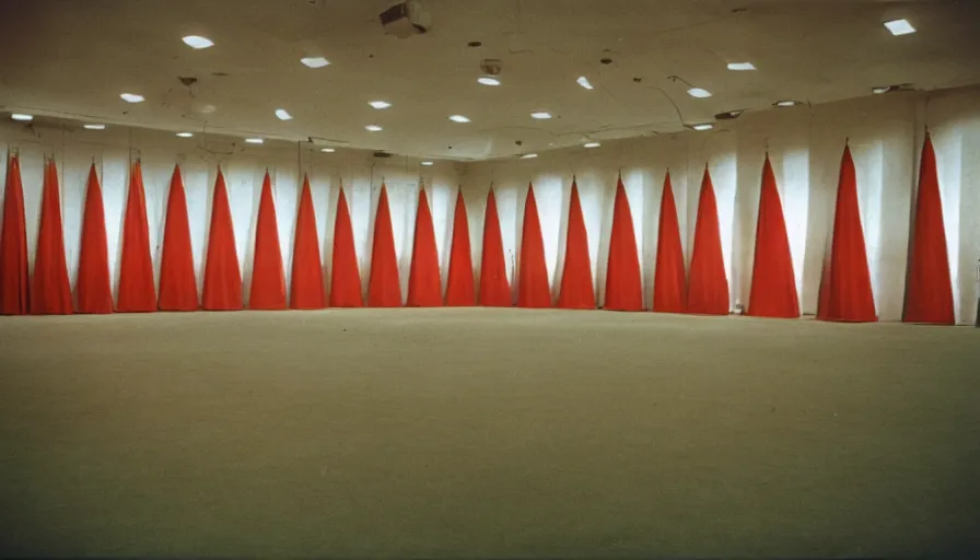 Image similar to 60s movie still of a sovietic stalinist style wide empty ballroom with USSR's flags, cinestill 800t 50mm eastmancolor, liminal Space style, heavy grain-s 150