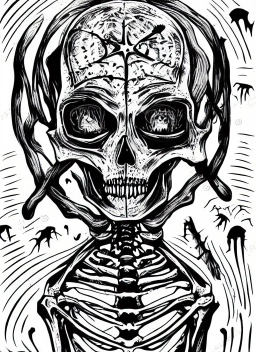 Image similar to a creepy alien skeleton, spooky halloween theme, color illustration line art style