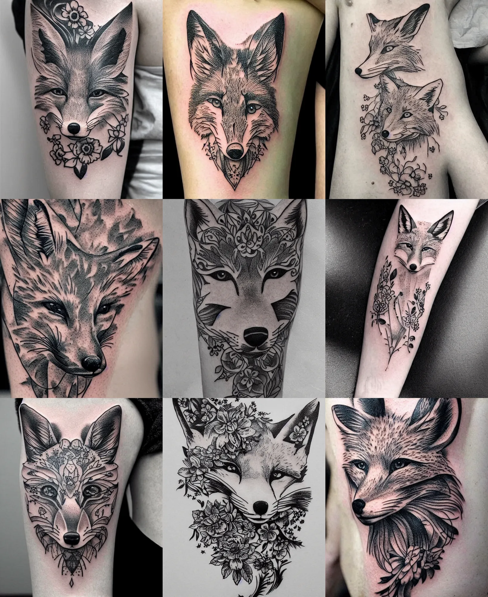 Image similar to amazing detailed tattoo stencil of a floral realistic fox