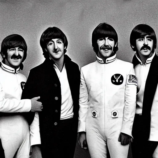 Image similar to the beatles as astronauts, black and white photo, high quality, epic, cinematic, heroes