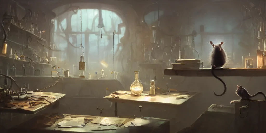 Prompt: rat sitting on a desk in a laboratory with lots of flasks filled with magic liquids and poisonous fog, stephen bliss, unreal engine, fantasy art by greg rutkowski, loish, rhads, ferdinand knab, ilya kuvshinov, rossdraws, tom bagshaw, global illumination, radiant soft light, detailed and intricate environment