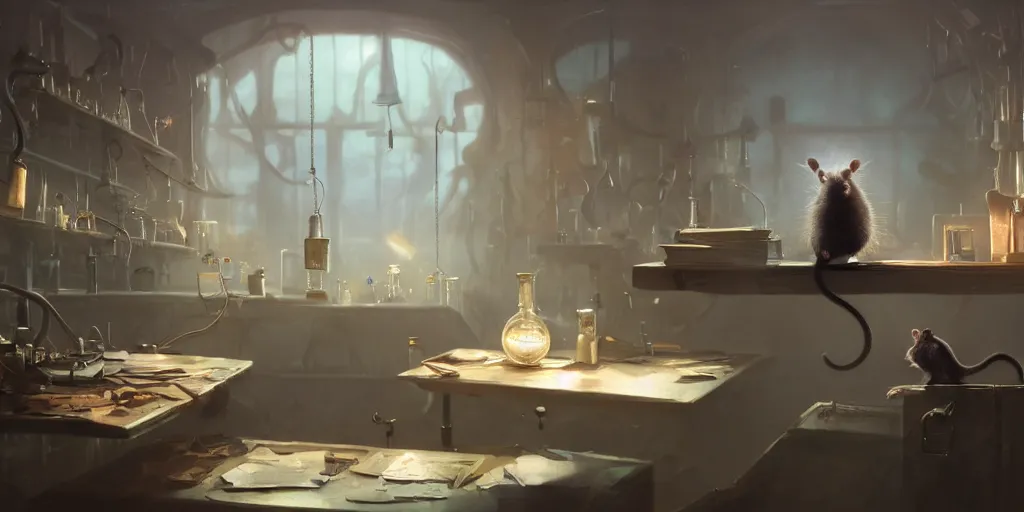 Image similar to rat sitting on a desk in a laboratory with lots of flasks filled with magic liquids and poisonous fog, stephen bliss, unreal engine, fantasy art by greg rutkowski, loish, rhads, ferdinand knab, ilya kuvshinov, rossdraws, tom bagshaw, global illumination, radiant soft light, detailed and intricate environment