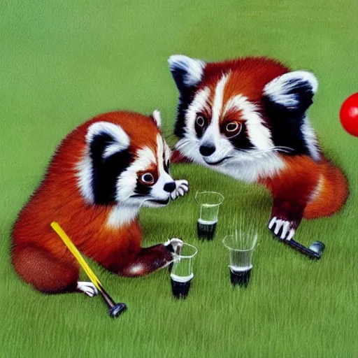 Prompt: very cute friendly happy high energy red pandas at a fancy garden party playing croquet and drinking lemonade, artwork by mark brooks and Asher Brown Durand, grand master, cinematic