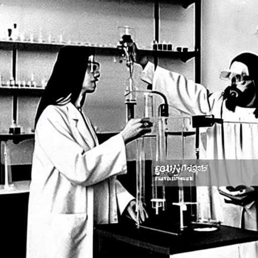 Prompt: a female professor and jesus in a university chemistry lab, running the experiment that proofs jesus transubstantiation ; surrealistic