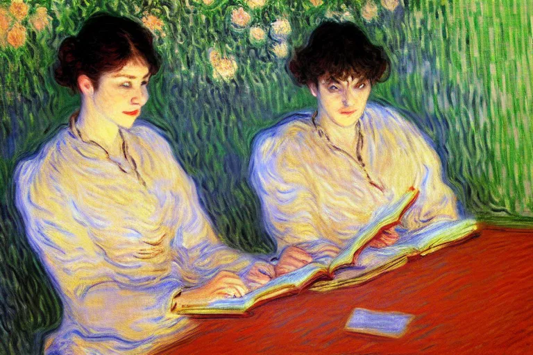 Image similar to portrait of two wise and very beautiful women discussing some texts appearing in a computer screen, art by monet, intricate, elegant, highly detailed, smooth, sharp focus, artstation