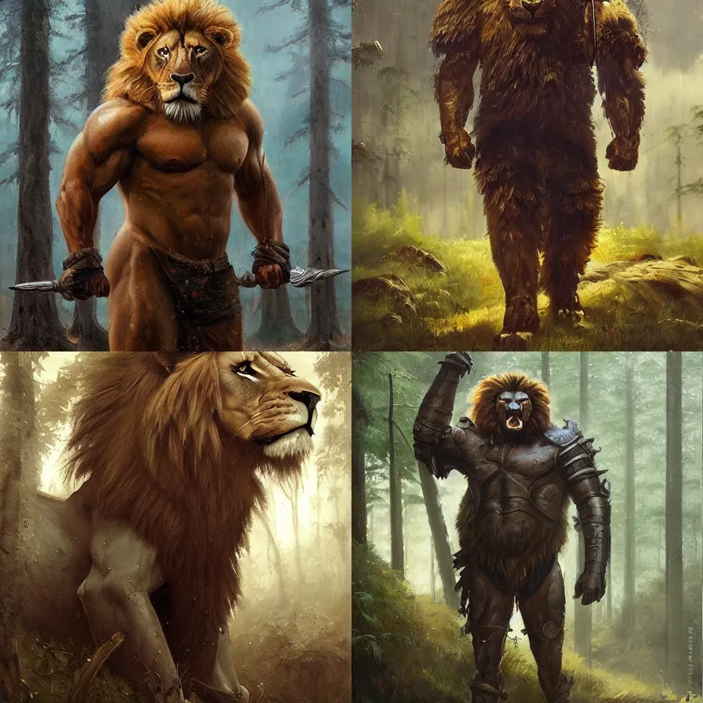 Prompt: oil painting portrait , epic pose muscular mutant oversized lion is wearing medieval armor , moody forest background by greg rutkowski