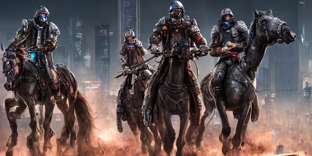 Prompt: highly detailed render of cyberpunk horsemen of the apocalypse, hyperrealistic, 8 k