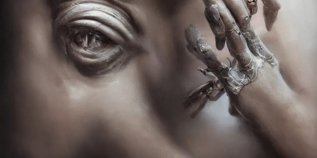 Image similar to hyperrealistic photography of a highly intricate, stunning, beautiful, perfect cyborg female, elbow, knee, intimate, hand holdings, in the style of beth cavener, jin kagetsu, chuck close, wlop, highly detailed face, symmetry, masterpiece, award - winning, sharp focus, concept art, ambient lighting, 8 k, artstation
