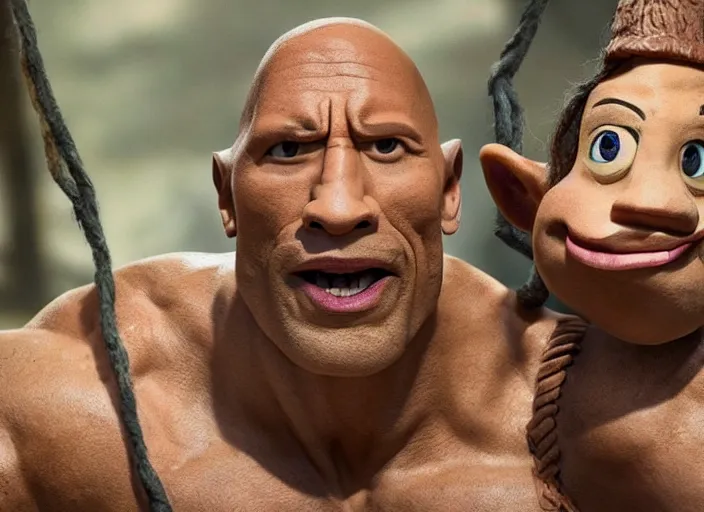 Image similar to film still of dwayne the rock johnson as pinocchio in the new pinocchio movie, 4 k, puppet boy, long nose, wooden, highly detailed face, detailed eyes