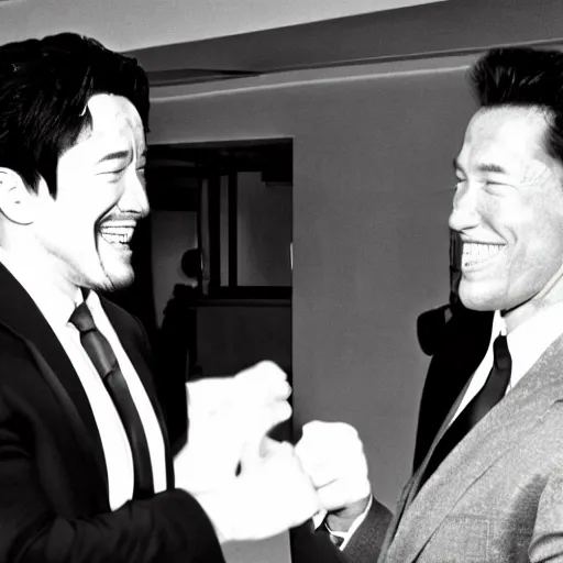 Image similar to old black and white photograph of arnold schwarzenegger meeting markiplier, both laughing, photorealistic