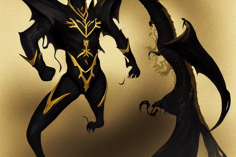 Image similar to full body digital illustration ofa young dragon of black and gold by randy vargas, studio lighting, concept art, matte background, deviantart, artstation