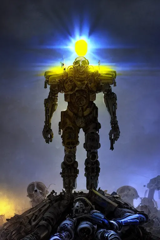 Prompt: A distant view front shot of a half cyborg soldier with a blue and yellow flag behind him while he is standing on a huge pile of human skulls after the battle, head is up, flag in hands, dark atmosphere, bright rays of light from the sky, beams of light, intricate, volumetric lighting, neon blue and yellow lights, highly detailed, smooth, artstation, concept art, сinematic lighting, insanely detailed, smooth, sharp focus, Artstation, 8k, unreal engine, hyper realistic, illuminated, bright background, moonlight, volumetric lighting, wallpaper, digital illustration by Ruan Jia and Mandy Jurgens and Artgerm and Wayne Barlowe and Greg Rutkowski and Frank Frazetta