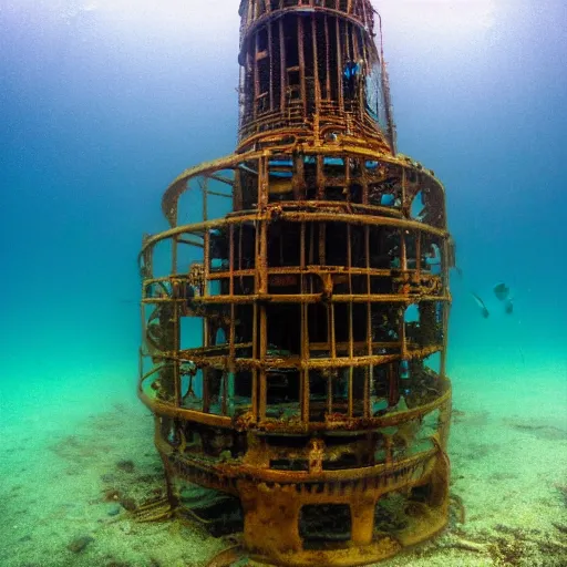 Image similar to an underwater photograph of a rusty complex underwater structure, submechanophobia,