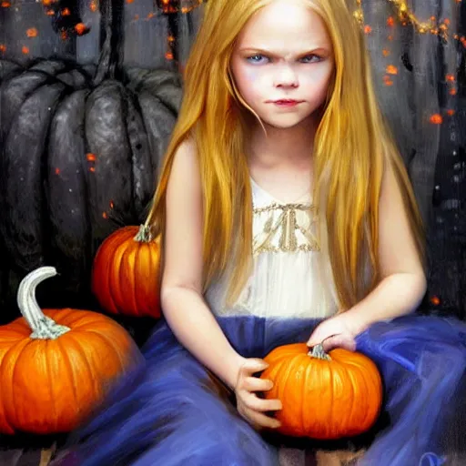Prompt: a little girl with long golden blonde hair and blue eyes sitting amidst halloween decor, pumpkins, skulls. beautiful painting by raymond swanland and magali villanueve, beautiful detailed face.