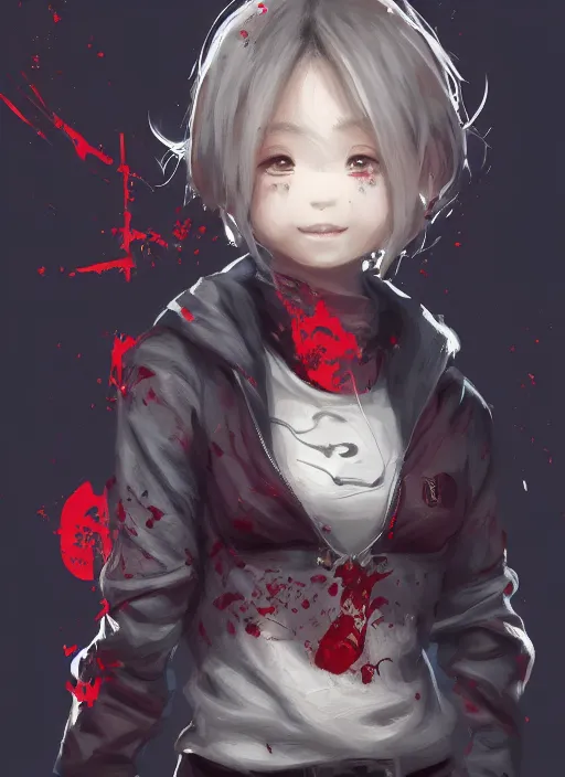 Prompt: a highly detailed illustration of short hair cute japanese girl wearing blood stained hoodie with the word nevada on it, dramatic smile pose, intricate, elegant, highly detailed, centered, digital painting, artstation, concept art, smooth, sharp focus, league of legends concept art, WLOP