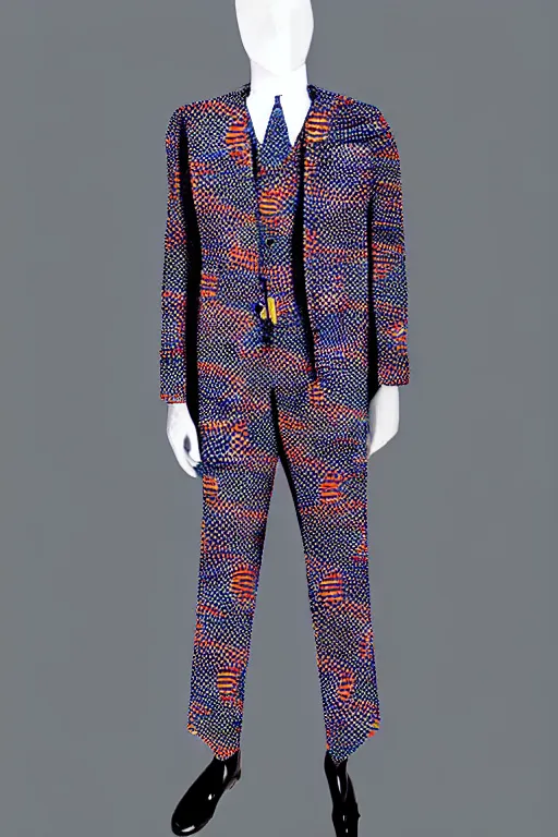 Prompt: psychedelic fashion business suit minimalist 1 9 2 0 s dadaist screenprint pattern textile business suit uniform fashion shoot