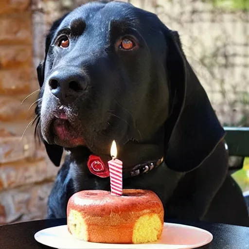 Prompt: a big dog drooling over a birthday cake made entirely of sausages