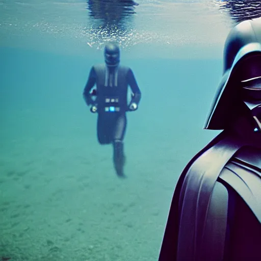 Prompt: photo of darth vader swimming, cinestill, 8 0 0 t, 3 5 mm, full - hd