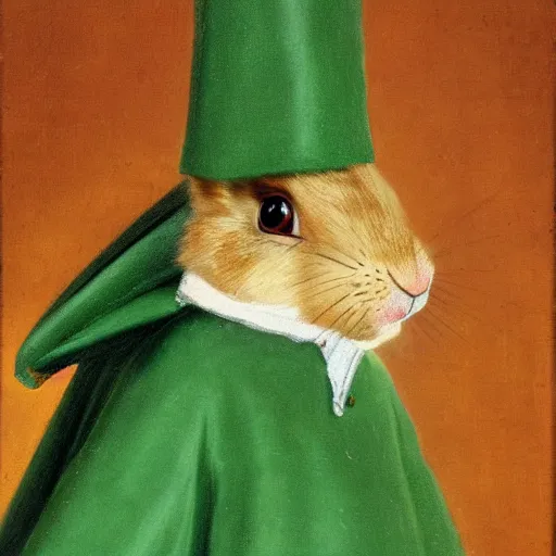 Image similar to a rabbit wearing a green cape, victorian painting