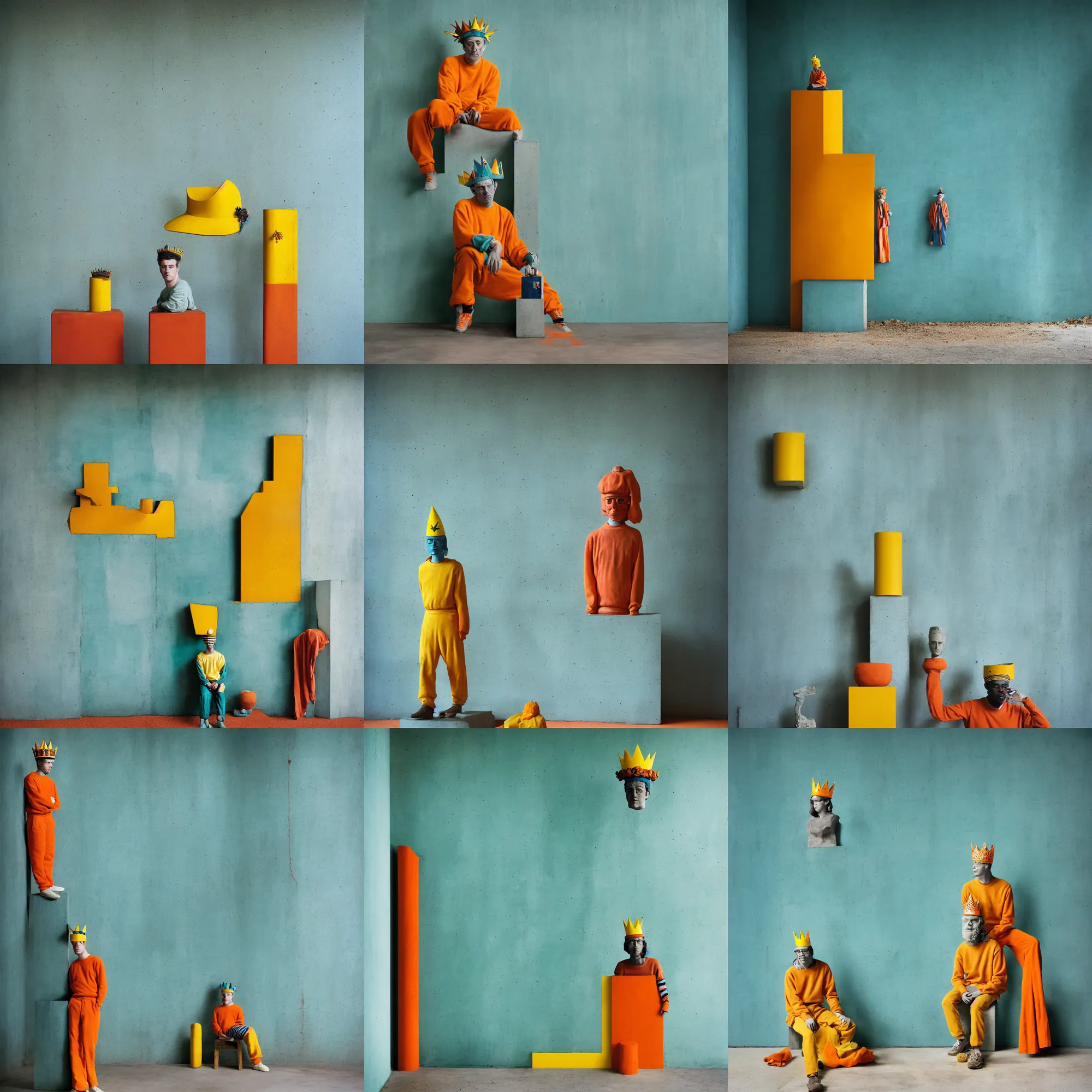 Image similar to kodak portra 4 0 0, 8 k, shot of a highly detailed, britt marling style, colour still - life portrait of a large minimalistic room, rough concrete walls, a single rough carved wooden teal and orange striped coloured statue is standing on a concrete podest with a yellow crown on his head, muted colours