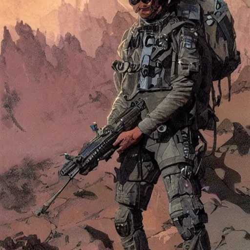 Prompt: Vernon. USN special forces recon operator in near future gear, cybernetic enhancement, on patrol in the Australian neutral zone, Barren landscape. 2087. Concept art by James Gurney and Alphonso Mucha