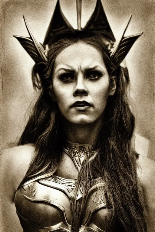 Image similar to she - ra, portrait, full body, symmetrical features, silver iodide, 1 8 8 0 photograph, sepia tone, aged paper, sergio leone, master prime lenses, cinematic