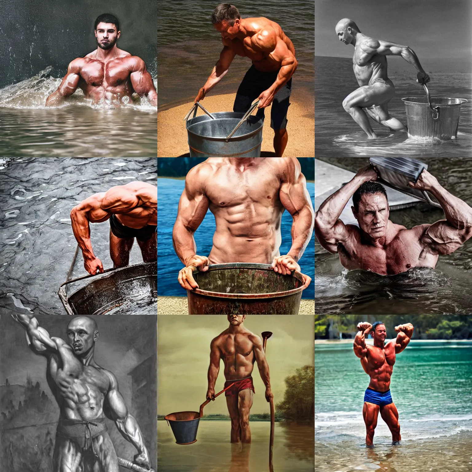 Prompt: Muscular Man with a steel bucket instead of a head, emerging from the water