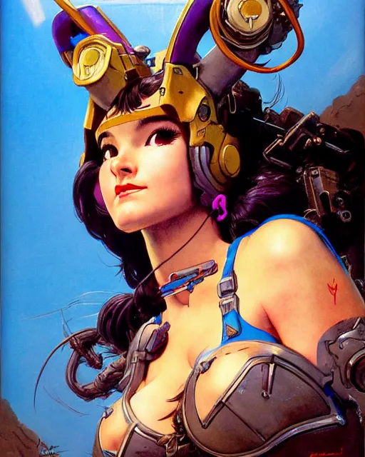 Image similar to d. va from overwatch, heavey metal magazine cover, character portrait, portrait, close up, concept art, intricate details, highly detailed, in the style of frank frazetta, esteban maroto, richard corben, pepe moreno, matt howarth, stefano tamburini, tanino liberatore, luis royo and alex ebel