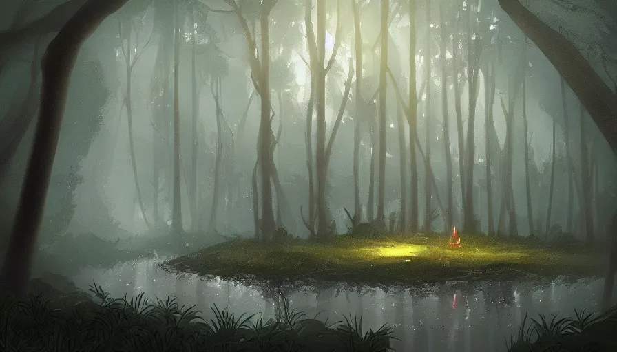 Image similar to rainy forest with an island in a pond, holy glowing sword stuck in island, moody high exposure, digital painting, concept art, photoshop speedpaint