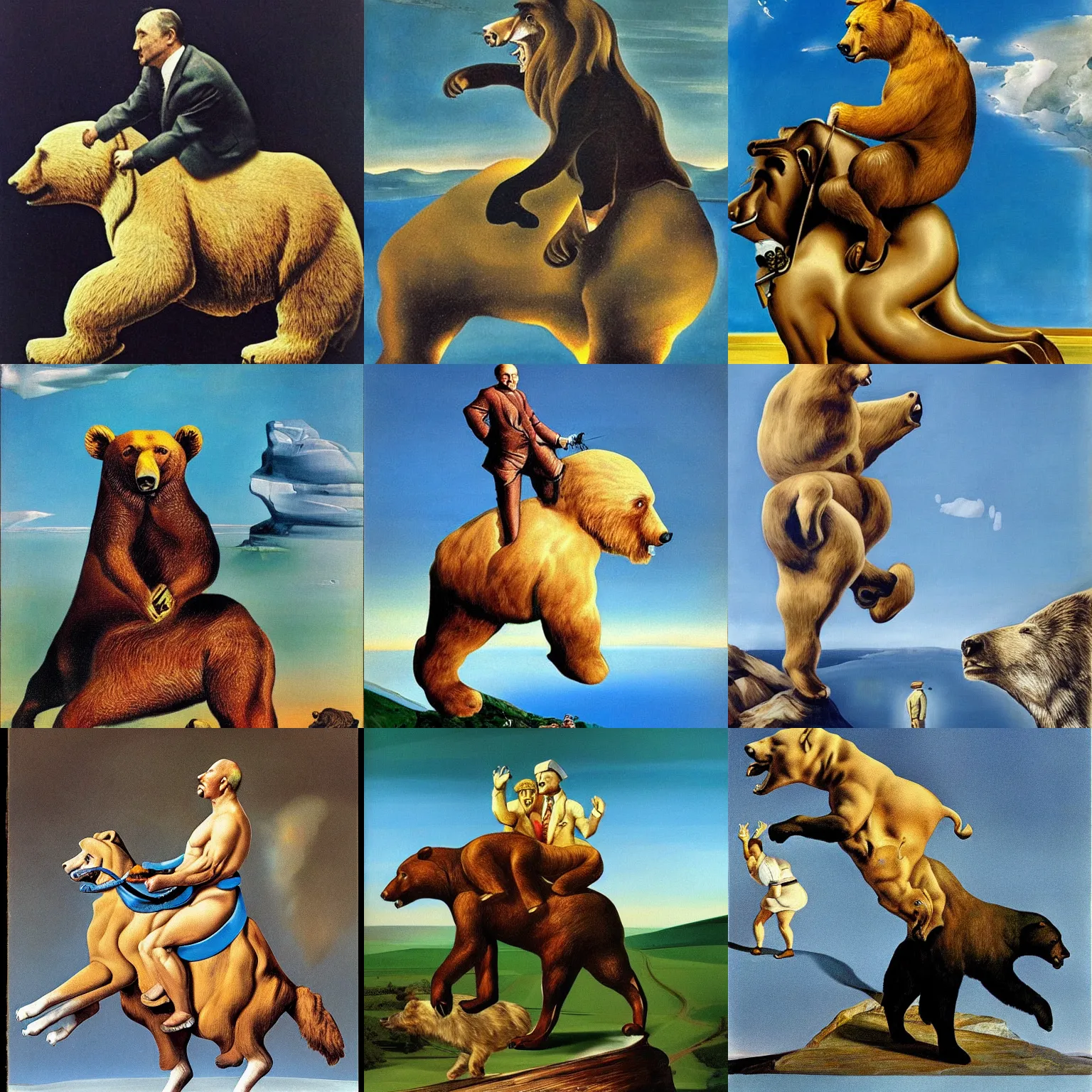 Prompt: profile closeup putin riding a bear, art by salvador dali, surrealist