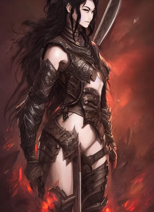 Image similar to beautiful warrior lady, black long hair, practical armor, brown skin, demonic eyes, low fantasy, extremely detailed, sharp focus, smooth, digital illustration, by rossdraws, frank franzzeta, sakimichan