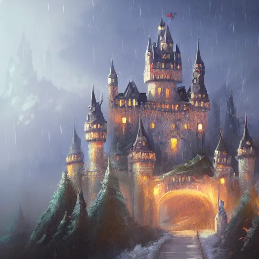 Image similar to a light oil painting of a magnificent light grey high fantasy castle on top of a mountain. below is a bustling town filled with people, artstation, rainy weather