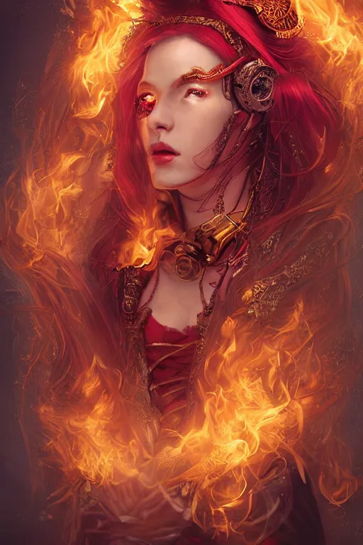 Image similar to a beautiful portrait of a young woman, steampunk Chandra sorceress of fire, big googles over her head, long flowing hair glowing with fire, steampunk costume mostly red and gold young female face, cinematic top lighting, insanely detailed and intricate, face by wlop, Charlie Bowater, golden ratio, symmetric, elegant, ornate, luxury, elite, matte painting, cinematic, trending on artstation, deviantart and cgsociety, 8k, high resolution