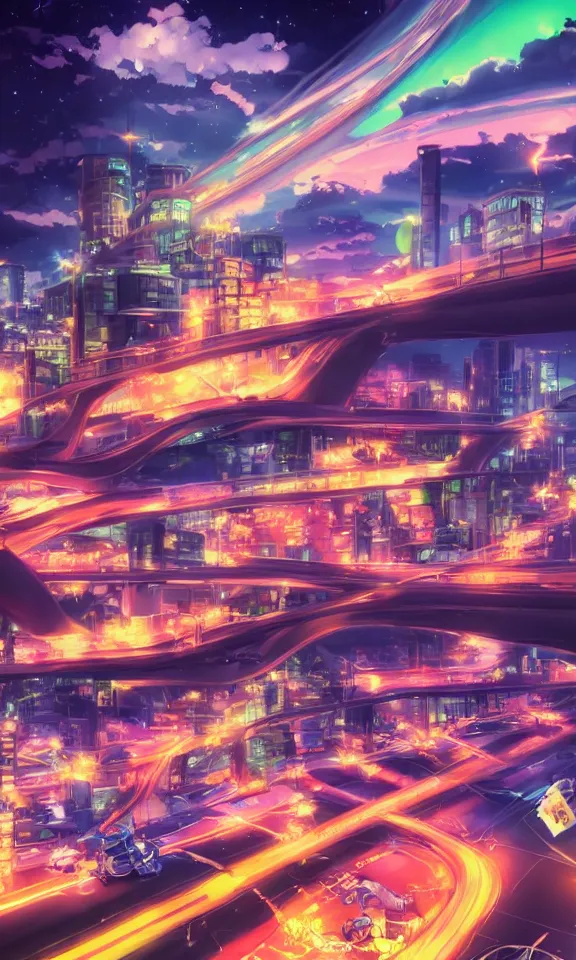 Prompt: anime highway at night