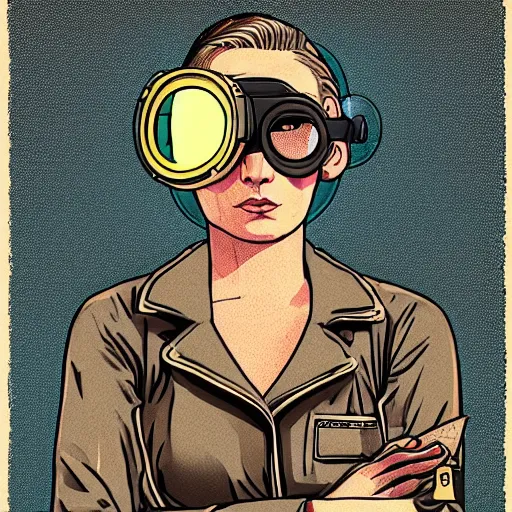 Image similar to retrofuture tattooed stoic heroic emotionless dirty butch blonde woman mechanic with very short slicked - back hair, full body, uncomfortable awkward and anxious, wearing dark - lensed victorian goggles, wearing flight suit, moebius, rough paper, smooth median photoshop filter cutout vector, moebius, ron cobb, sci fi, behance hd