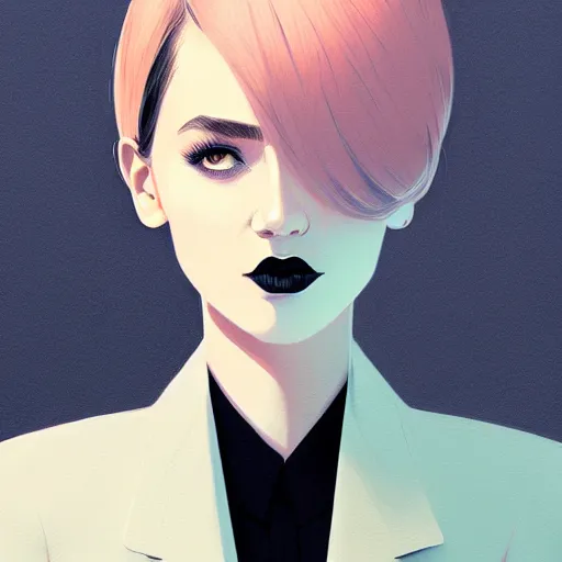 Image similar to young female in black jacket suit, muted colors, matte print, pastel colors, 2d, ultra highly detailed, smooth, sharp focus, digital art, digital painting, fan art, elegant, artstation, head is centered, by Ilya Kuvshinov