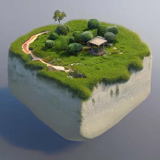 Image similar to a floating island with lago di sorapis landscape isometric art, low poly art, game art, artstation, 3D render, high detail, cgsociety, octane render, sharp focus